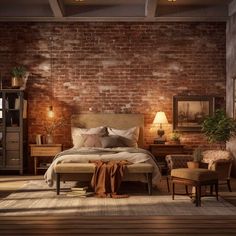 a bedroom with brick walls and wooden flooring is lit by two lamps on either side of the bed