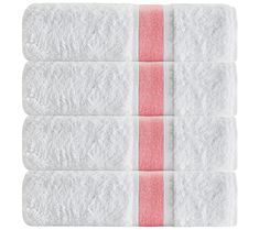 four white towels with pink stripes on them