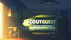 a room with a bed, desk and fan in it that says scoutquestt