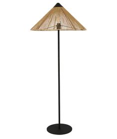 a floor lamp with a black base and a brown lampshade on the top