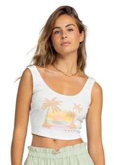 A tropical scene is displayed across this charming cropped t-shirt from Roxy. | Roxy Women's Sunset Beach Drive In Graphic T-Shirt, White, Medium Beach Season Crew Neck Crop Top, Summer Beach Crop Top With Crew Neck, Summer Beach Crew Neck Crop Top, Spring Vacation Crew Neck Crop Top, Summer Crop Top With Short Sleeves For Vacation, Summer Crew Neck Crop Top For The Beach, White Crew Neck Crop Top For Beach, Casual Crew Neck Crop Top For Beach Season, Trendy Tropical Print Top For Vacation