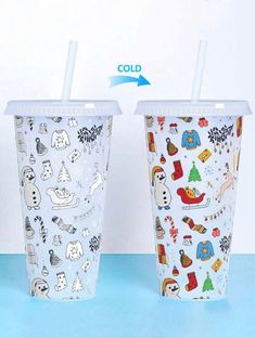 two cups with different designs on them sitting side by side, one has a straw and the other has a lid