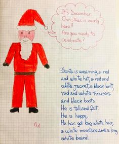 a child's drawing of santa claus with a thought bubble