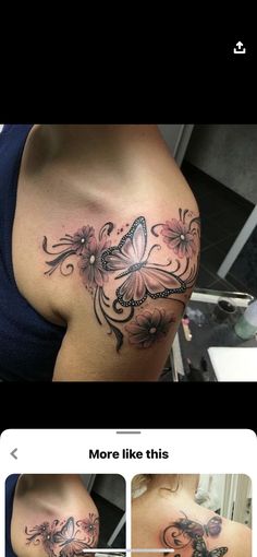 a woman's shoulder with flowers and butterflies on it, in the middle of her arm