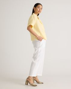 Say hi to relaxed, laidback luxe. Throw on this collared short sleeve with anything to level up a day-to-day fit. The boxy cut will pair with our linen shorts or pants to create your dream resort-life look. Our linen is made from 100% European flax, which is more sustainable and less resource-intensive to grow. Linen is the ultimate year-round fabric because it's breathable and naturally heat-regulating.  | Quince | Women's 100% European Linen Short Sleeve Shirt in Soft Yellow, Size Medium Relaxed Fit Collared Short Sleeve Shirt For Daywear, Spring Relaxed Fit Short Sleeve Shirt With Collared Neckline, Chic Collared Short Sleeve Shirt With Relaxed Fit, Chic Relaxed Fit Collared Short Sleeve Shirt, Relaxed Fit Shirt With Collared Neckline For Day Out, Relaxed Fit Collared Shirt For Day Out, Everyday Summer Top With Straight Hem, Relaxed Short Sleeve Blouse For Work, Relaxed Short Sleeve Workwear Blouse