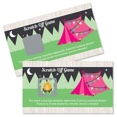 two tickets for a camping event with tents and campfires in the woods on them