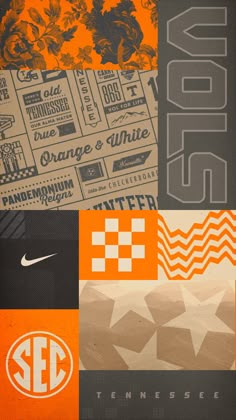 an orange and black collage with the word tennessee on it's front side