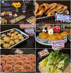 several pictures of different foods and desserts on display at a farm themed birthday party