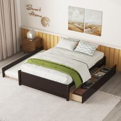 a bed sitting on top of a wooden platform in a bedroom