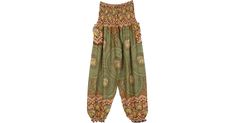 Elephant Mandala Printed Harem Pants in Olive Green in Clothing - A fun flowing elephant mandala printed hippie harem pants with smocked waist and cuffed hem, pull-on pants with two functional side pockets. Features: Split-Skirts-Pants, Pocket, Yoga, Vacation, Beach, Printed, Elephant, Bohemian. Bohemian Harem Pants With Elastic Waistband For Loungewear, Casual Cotton Harem Pants With Boho Print, Spring Boho Print Harem Pants, Green Harem Pants With Elastic Waistband For Festival, Hippie Harem Bottoms With Elastic Waistband, Hippie Harem Pants With Elastic Waistband, Casual Green Boho Print Bottoms, Hippie Harem Pants With Elastic Waistband For Loungewear, Hippie Style Harem Pants For Loungewear