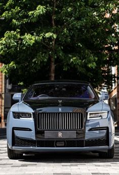 the front end of a blue car parked on a brick road in front of some trees