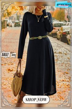 Casual Plain Long Sleeve A-line Dress Casual A-line Winter Dresses, Solid Color A-line Long Sleeve Dress For Fall, Winter A-line Solid Color Maxi Dress, Winter A-line Maxi Dress, Solid Color A-line Fall Dress, Non-stretch Knee-length Maxi Dress For Fall, Fall A-line Solid Color Dresses, Fall A-line Dress In Solid Color, Fall Knee-length Solid Color Long Sleeve Dress