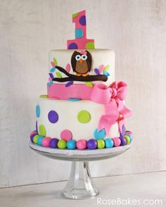 a birthday cake decorated with polka dots and an owl on the number one frosting