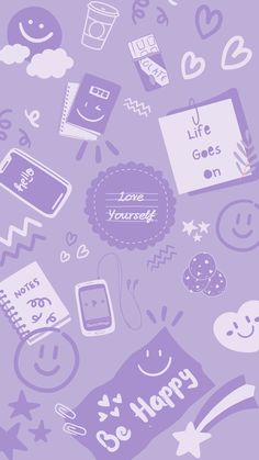 the purple background has many different items on it, including an image of a happy face