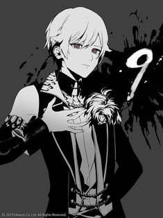 an anime character with white hair and black clothes holding a bird in his hand, while the