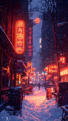 a snowy city street at night with neon signs and people walking on the sidewalk in the snow