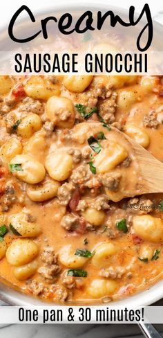 a skillet with gnocchi and a wooden spoon and text overlay that reads creamy sausage gnocchi - one pant and 30 minutes! Creamy Sausage Gnocchi, Ground Italian Sausage Recipes, Gnocchi With Sausage, Creamy Gnocchi, Sausage Gnocchi, Italian Sausage Sandwich, Sausage Crockpot, Sausage Pasta Recipes, Gnocchi Recipe