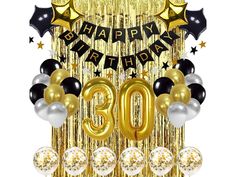 happy 90th birthday banner with balloons and streamers in gold, black and silver