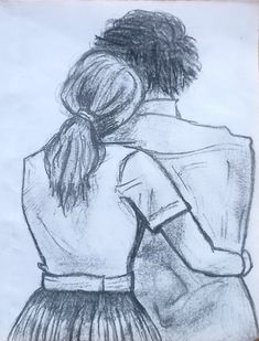 This is a drawing of two people side hugging each other which is shown from the back. Resting Head On Shoulder Couple Drawing, Hugging Each Other Drawing, Side Hug Reference, People Kissing Drawing, Two People Hugging Drawing, Easy Pencil Drawing, Hugging Drawing, Hug Illustration, People Hugging