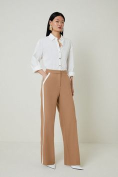 Compact Stretch Contrast Panel Wide Leg Dress Pants | Karen Millen Wide Leg Bottoms With Contrast Trim For Work, Workwear Straight Leg Bottoms With Contrast Trim, Straight Leg Workwear Bottoms With Contrast Trim, Straight Leg Bottoms With Contrast Trim For Work, Workwear Bottoms With Contrast Trim, Spring Workwear Bottoms With Contrast Trim, Workwear Pants With Contrast Trim, Evening Trousers, Plus Size Workwear