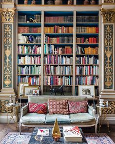 a living room filled with lots of books on top of a book shelf next to a couch