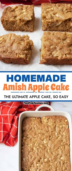 homemade amish apple cake in a baking pan with the title above it and an image of