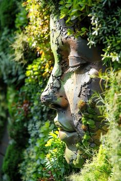 a statue is surrounded by plants and greenery in the shape of a man's face