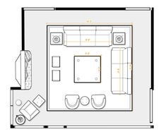 a drawing of a living room with furniture and floor plans on the top right side