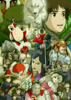 an anime poster with many different avatars and animals on it's face, including two