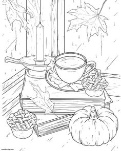 a cup of coffee and some books on a table next to an autumn tree with leaves