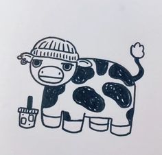 a drawing of a cow wearing a hat