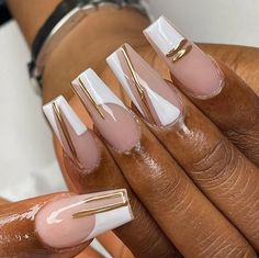 Short French Tip Nails Coffin, White Tips Design, Uwi Graduation, Pink White And Gold Nails, Frenchie Tips, Simple Dot Nail Art, Medium Nail Designs, Leo Nails, Nail Art Ideas For Summer