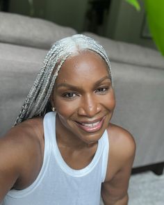 Grey And Blonde Box Braids, Regular Braid Hairstyles, Silver Braids For Black Women, Gray Braids For Black Women Silver Hair, Silver Hair Braids, Triangle Part Braids, Regular Braid, Grey Box Braids, Grey Hair Braids