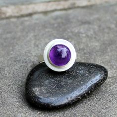 Amethyst Ring  Amethyst Silver Ring  Big Purple Gem Ring Purple Cabochon Amethyst Ring, Purple Cabochon Ring For Anniversary, Round Cabochon Amethyst Ring, Amethyst Cabochon Ring In Sterling Silver For Anniversary, Round Amethyst Cabochon Gemstones, Modern Amethyst Rings In Round Shape, Modern Amethyst Round Rings, Round Amethyst Birthstone Ring For Jewelry Making, Round Cabochon Amethyst Gemstones