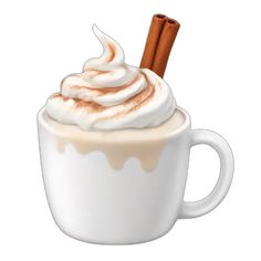 a white cup filled with whipped cream and cinnamon stick sticking out of it's top