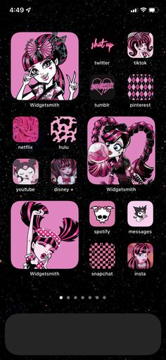 an iphone screen with pink and black designs on it