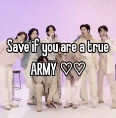 some people are standing in front of a purple background with the words save if you are a true army