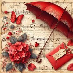 a red umbrella sitting on top of a sheet of music with flowers and butterflies around it