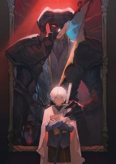 an anime character standing in front of a giant demon with two swords on his shoulder