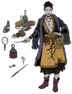 an image of a man in costume with various items on the ground around him and his tools