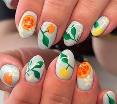 Floral Nail Ideas, Citrus Nails, Summertime Nails, Nail Ink, Fresh Nails, Fruit Nails, Lemon Nails, Tropical Nails, Floral Nail Designs