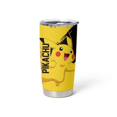 a yellow travel mug with the words pikachu on it