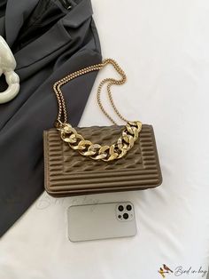 Bird in Bag - Shoulder Bag with Metal Chain Decoration and Flap Chic Brown Shoulder Bag With Chain, Chic Brown Shoulder Bag With Chain Detail, Gold Square Shoulder Bag With Chain Detail, Party Shoulder Bag With Gold Chain, Rectangular, Brown Shoulder Bag With Chain Detail, Metal Chain, Free Gifts, Pu Leather, Shoulder Bag