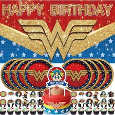 wonder woman birthday party supplies including cupcakes, cake toppers and decorations with the words happy birthday on it