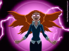 an animated woman with long red hair standing in front of lightning