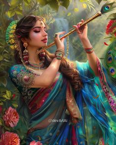 a painting of a woman playing the flute with peacocks and flowers in the background