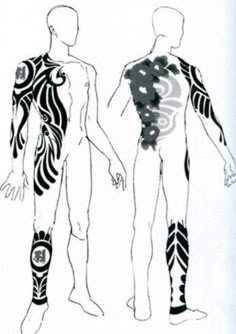 an image of two men with different body parts on their backs and arms, standing next to each other