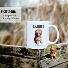 a coffee mug with a photo of a dog on it and the words samuel written below