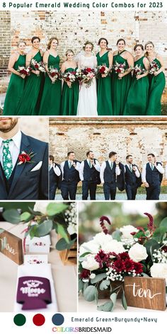 the wedding party is dressed in green and burgundy