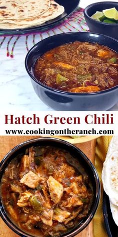 different types of food are shown in this collage with the words hatch green chili